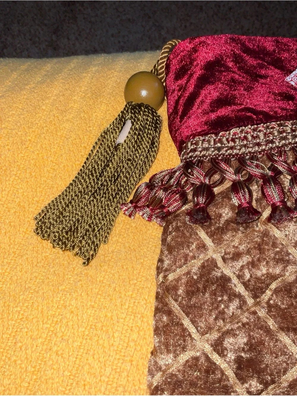 Christmas Stocking Patchwork Jacquard Velvet Cuff Tassel Burgundy Gold 20